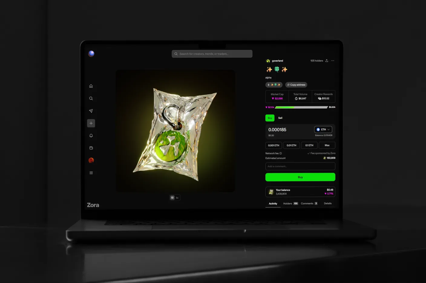 Goverland coin on Zora, shown on a MacBook