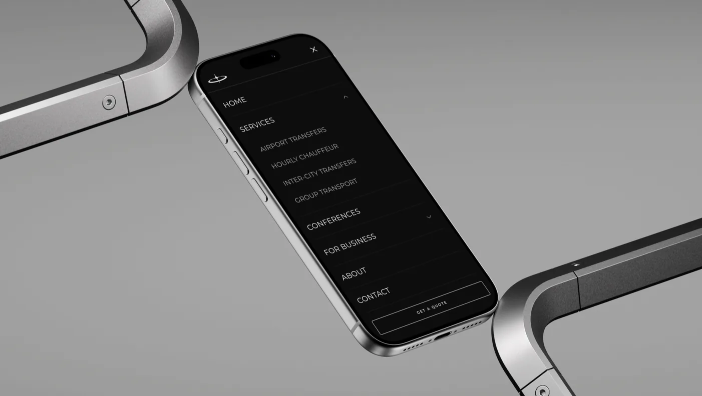 The Global Travel Solutions mobile navigation menu on an iPhone, framed by machined metal forms