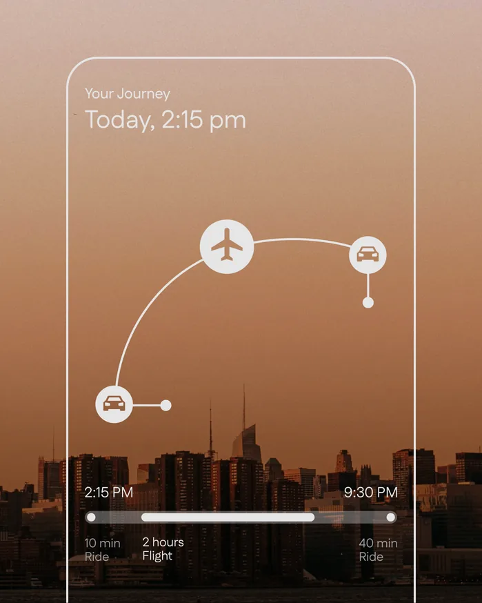 The Global Travel Solutions booking app on a phone against a dusk skyline