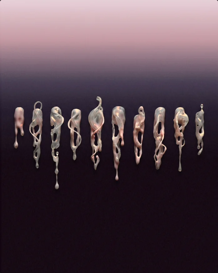 A lineup of pearlescent press-on claws floating on a pink-to-violet gradient