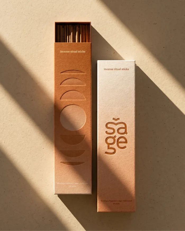 Sage incense ritual sticks — terracotta and cream boxes in raking light