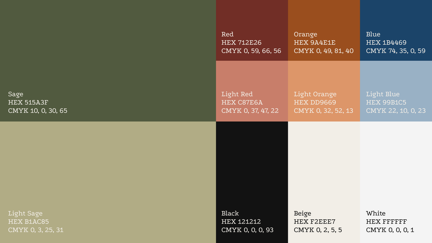 Sage colour palette — sage, terracotta, blue, and neutral swatches with hex and CMYK values