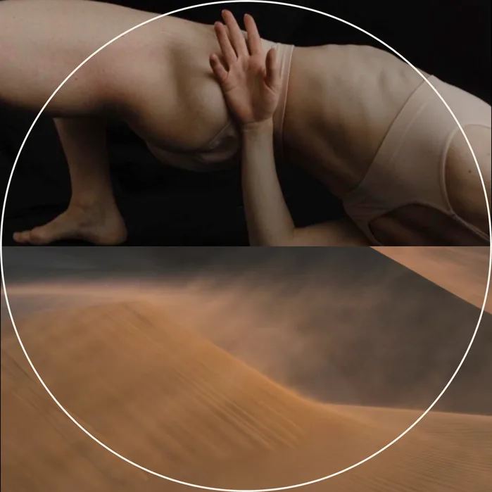 Sage brand photography — a reclining figure above wind-blown sand beneath a golden-ratio overlay