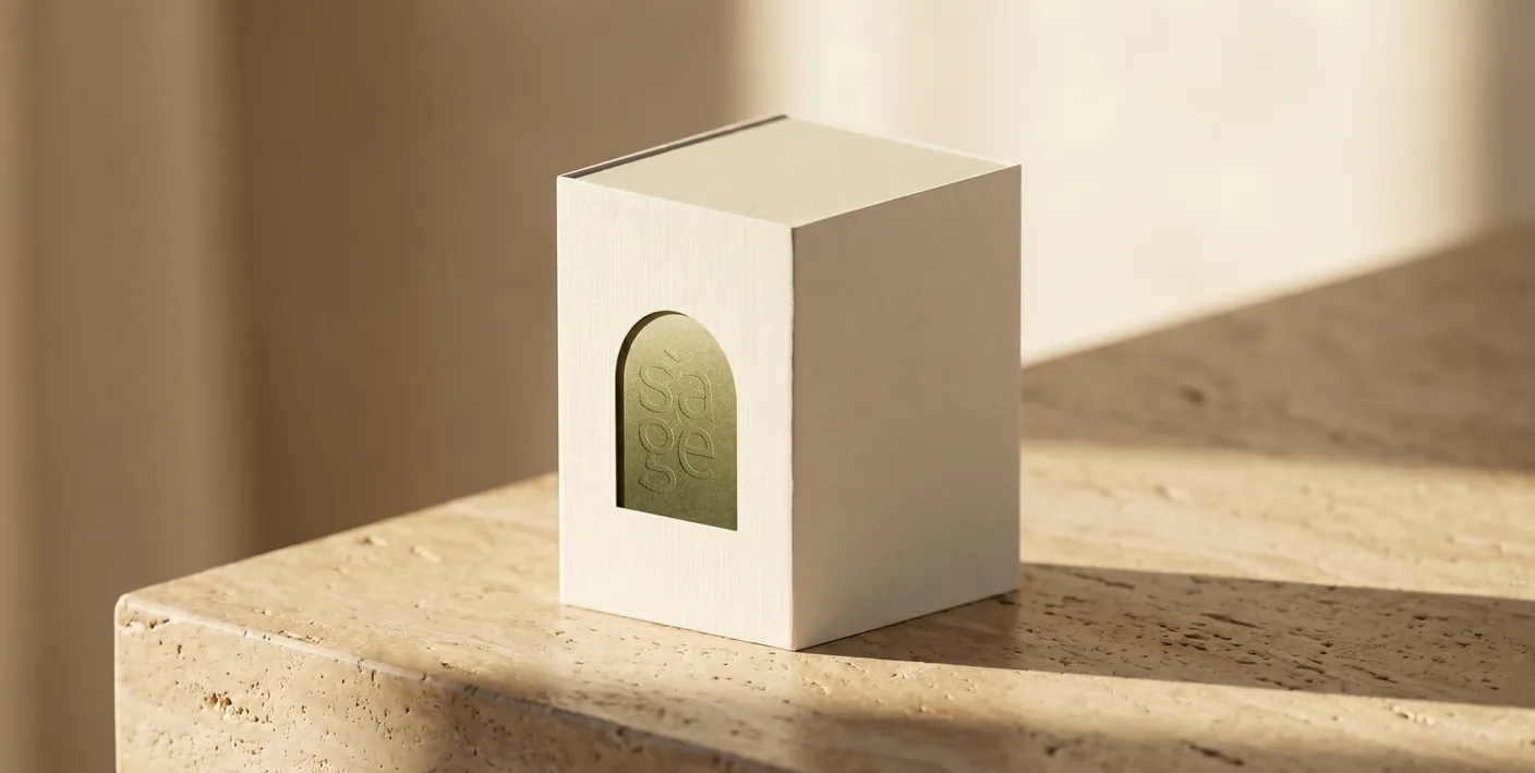 Sage gift box with an arched window revealing a gold-foil logomark, on travertine