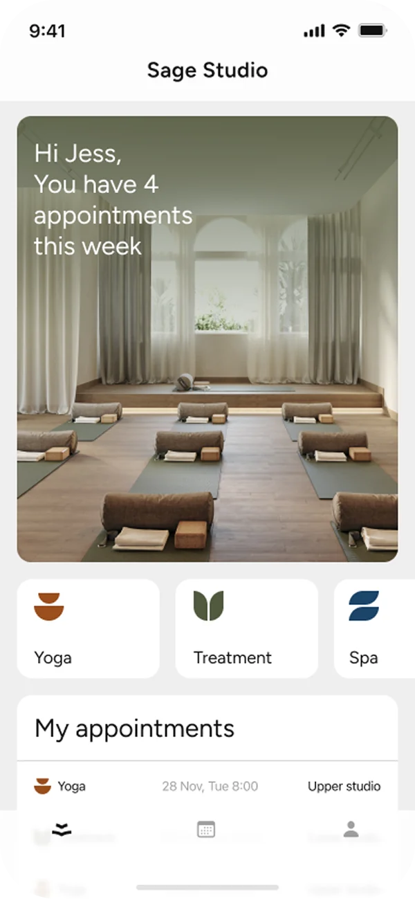 Sage Studio app screens in the light theme